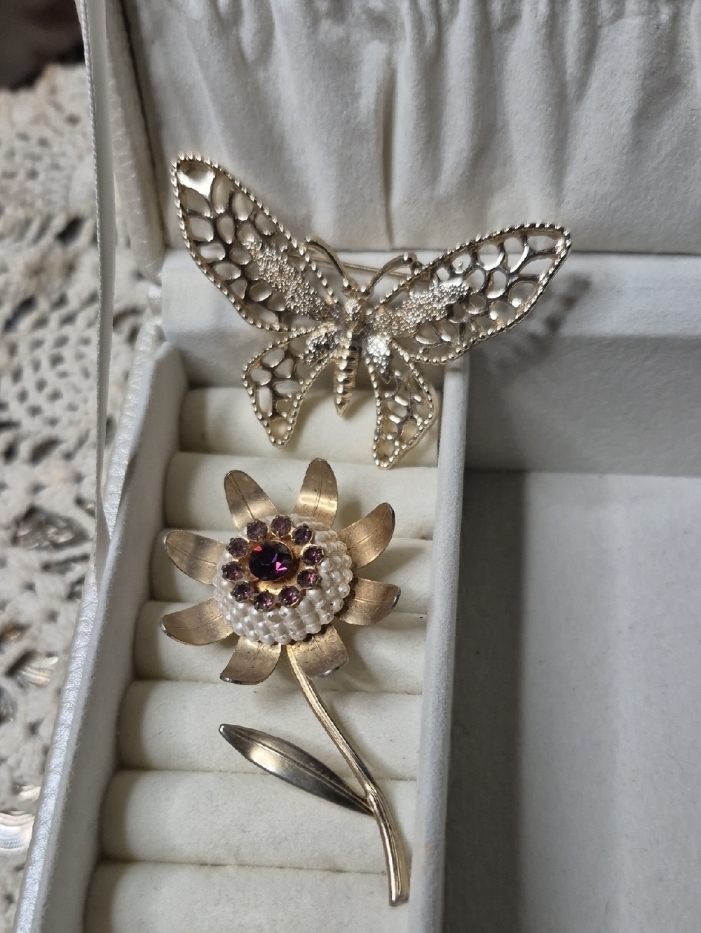 Sarah Coventry Gold-Tone Butterfly and Gold Flower Brooch with Purple Accents